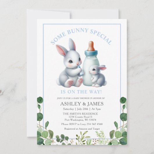 Invitation Un lapin verdoyant au Baby shower de lait (Devant)
