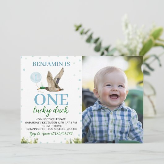 Invitation Un Lucky Duck Boy 1er Anniversaire Photo (Debout devant)