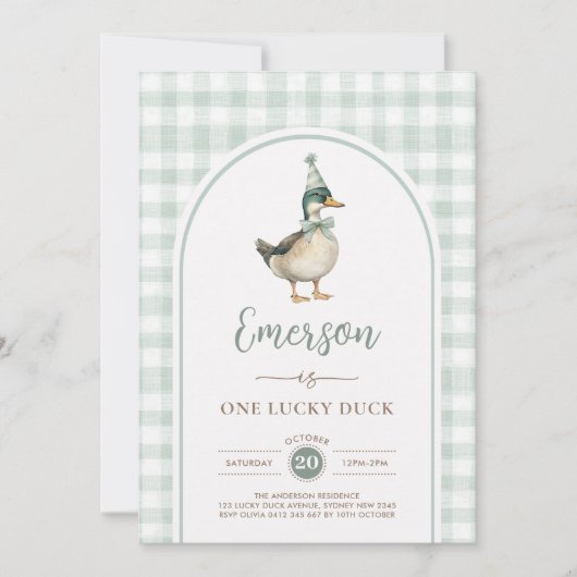 Invitation Un Lucky Duck Sage Green En vichy 1er anniversaire (Devant)