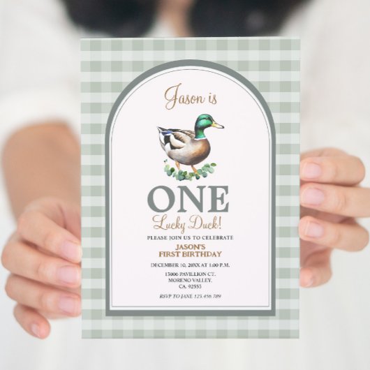 Invitation Un Lucky Mallard Ducks Vert En vichy 1er anniversa