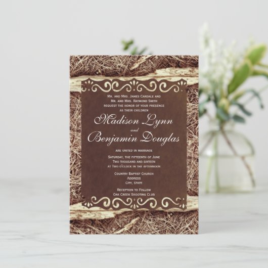 Invitation Un mariage chamo rustique avec des aiguilles de pi (Debout devant)