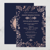 Invitation Un mariage floral Rose d'or élégant avec la marine (Devant / Derrière)