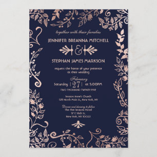 Invitation Un mariage floral Rose d'or élégant avec la marine