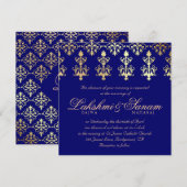 Invitation Un mariage indien invite Damask Gold Autumn Blue (Devant / Derrière)