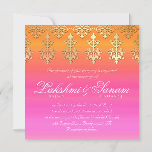 Invitation Un mariage indien invite Damask Gold Pink Orange (Devant)