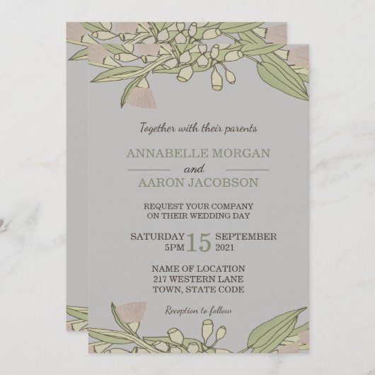 Invitation Un mariage rose avec un Fleur sauvage australien G (Devant / Derrière)