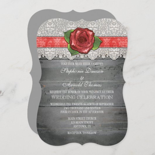 Invitation Un mariage Rose en bois rustique gris-corail (Devant / Derrière)