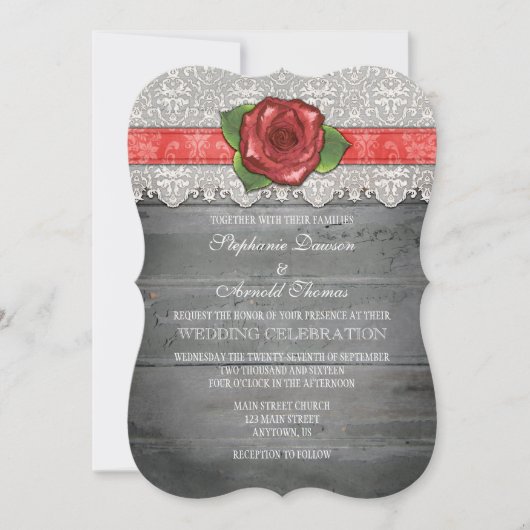 Invitation Un mariage Rose en bois rustique gris-corail (Devant)