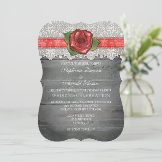 Invitation Un mariage Rose en bois rustique gris-corail (Debout devant)