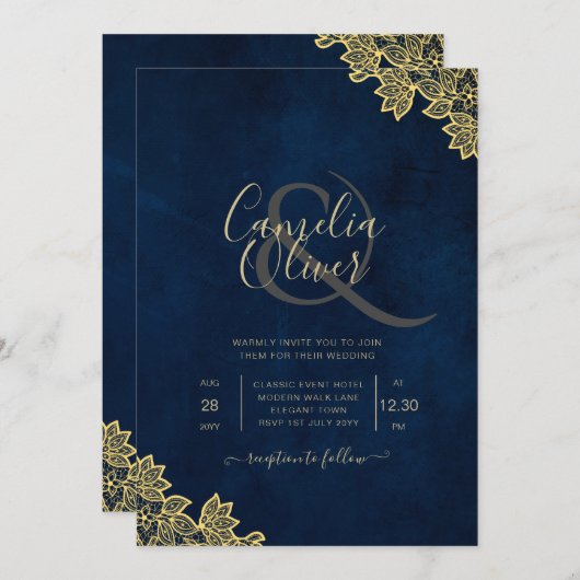 Invitation Un mariage tout en 1 en dentelle d'or invite QR Co (Devant / Derrière)