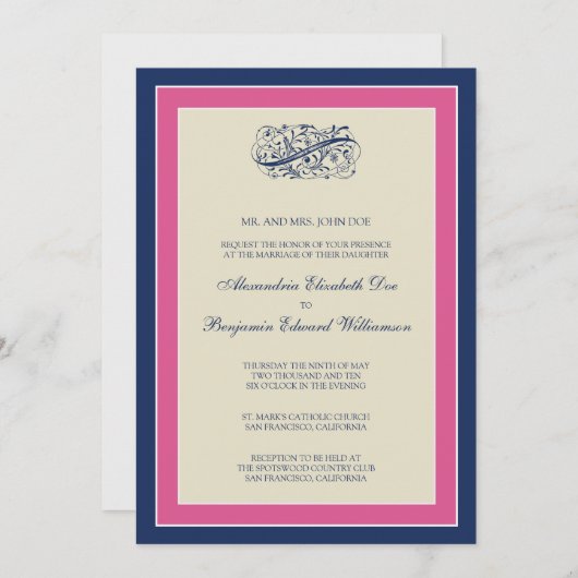 Invitation Un mariage tout simple 5x7 Fuchsia/Navy (Devant / Derrière)