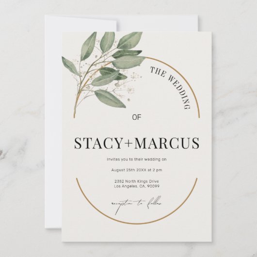 Invitation Un Mariage vert et or avec un accent or (Devant)