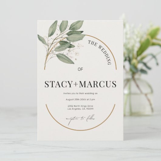 Invitation Un Mariage vert et or avec un accent or (Debout devant)