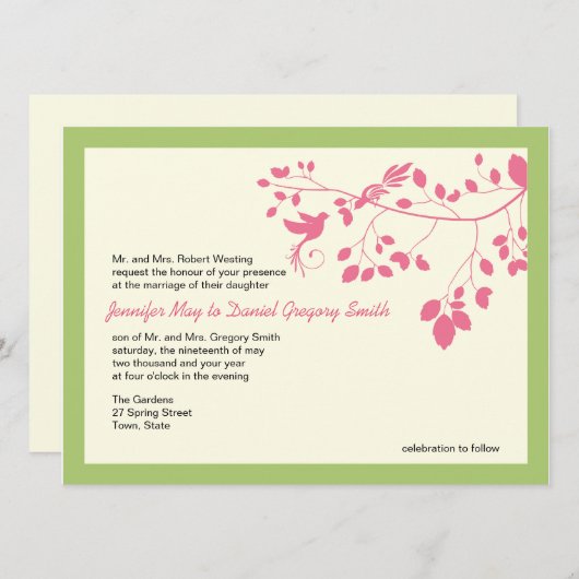 Invitation Un Mariage Vert Et Rose Invite Les Inséparables (Devant / Derrière)