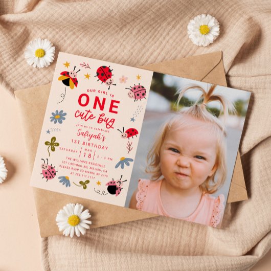 Invitation Un mignon bug Ladybug 1ère fête d'anniversaire Pho