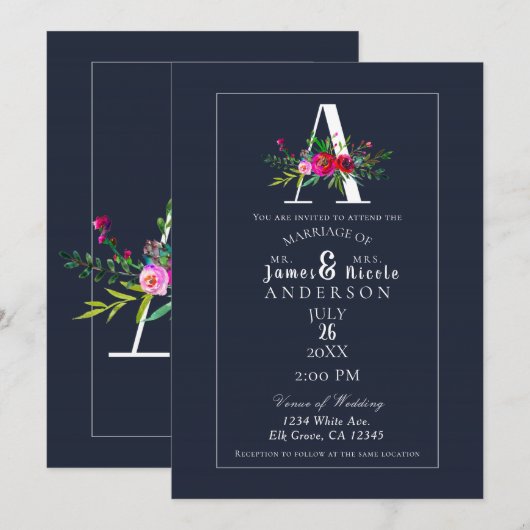 Invitation Un monogramme avec une initiale moderne florale bl (Devant / Derrière)