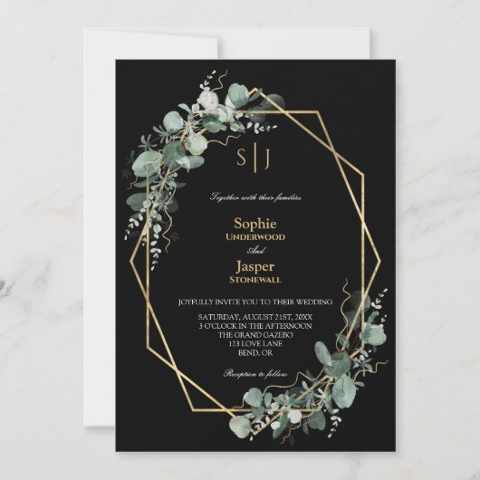Invitation Un Monogramme Noir Simple Tout En Un Mariage (Devant)