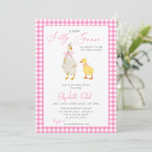 Invitation Un nouveau Baby shower de En vichy rose d'oie (Debout devant)