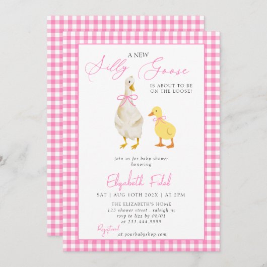 Invitation Un nouveau Baby shower de En vichy rose d'oie (Devant / Derrière)