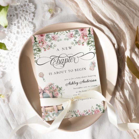 Invitation Un nouveau chapitre Baby shower floral de Bow rose