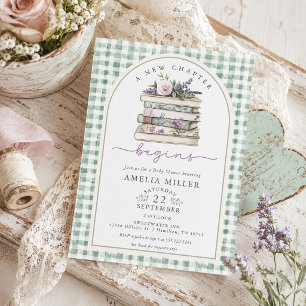 Invitation Un nouveau chapitre Fleur Livre Gingham Baby Showe