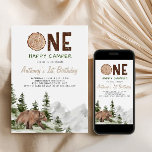 Invitation Un ours aquarelle One Happy Camper pour un 1er ann