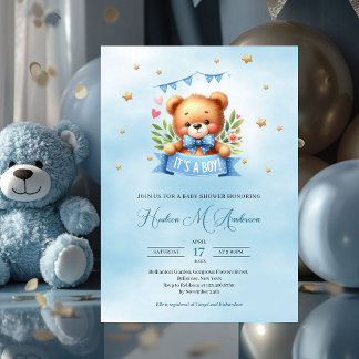 Invitation Un ours en peluche doux c'est un baby shower garço
