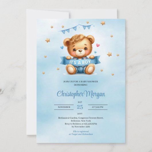 Invitation Un ours en peluche unique c'est un baby shower gar (Devant)