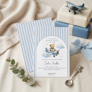 Invitation Un ours en peluche vintage avion bleu pour un bébé