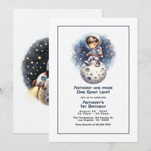 Invitation Un pas de géant Fête d'anniversaire Petit Astronau (Devant / Derrière)