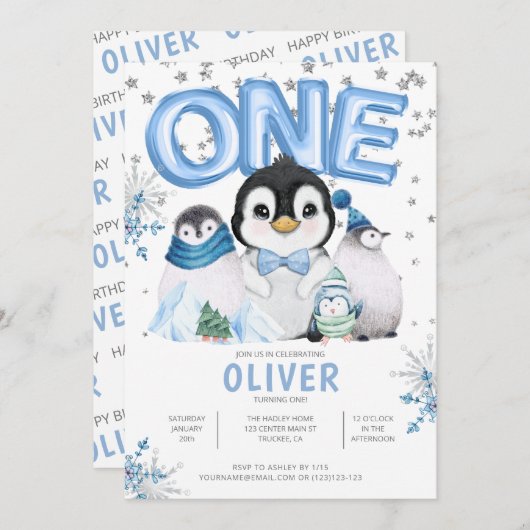 Invitation UN Penguin d'hiver Garçon 1er anniversaire (Devant / Derrière)