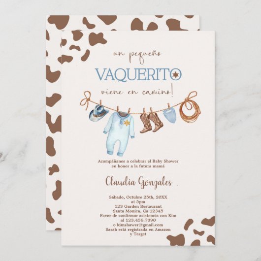 Invitation Un Pequeño Vaquerito viene en camino Baby shower (Devant / Derrière)