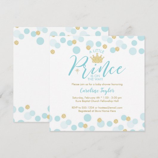 Invitation Un petit Baby shower Blue Gold Parties scintillan (Devant / Derrière)