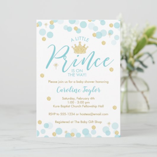 Invitation Un petit Baby shower Blue Gold Parties scintillan (Debout devant)