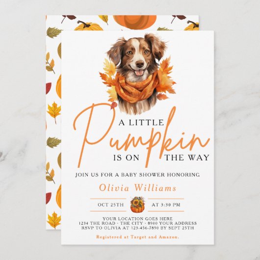 Invitation Un petit Baby shower Citrouille Automne CHIEN (Devant / Derrière)