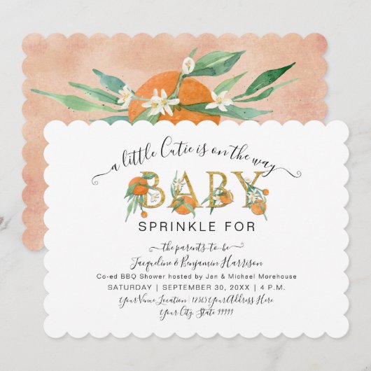 Invitation Un petit Baby shower d'aquarelle aux Oranges Cutie (Devant / Derrière)