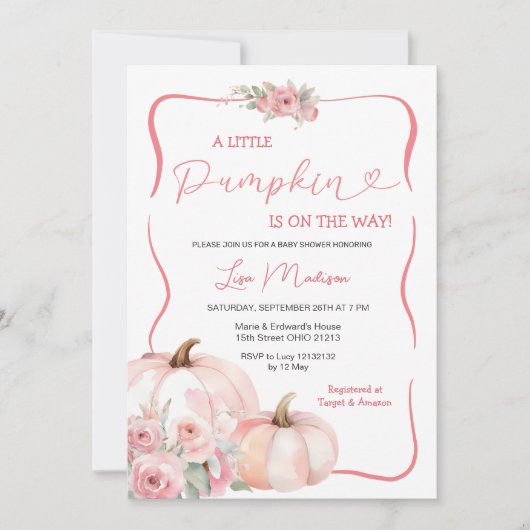 Invitation Un Petit Baby shower D'Automne Rose Citrouille (Devant)