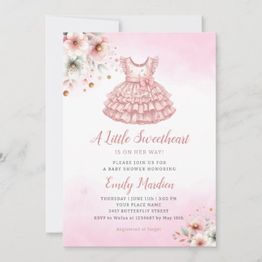 Invitation Un petit Baby shower de fille aux vêtements roses (Devant)