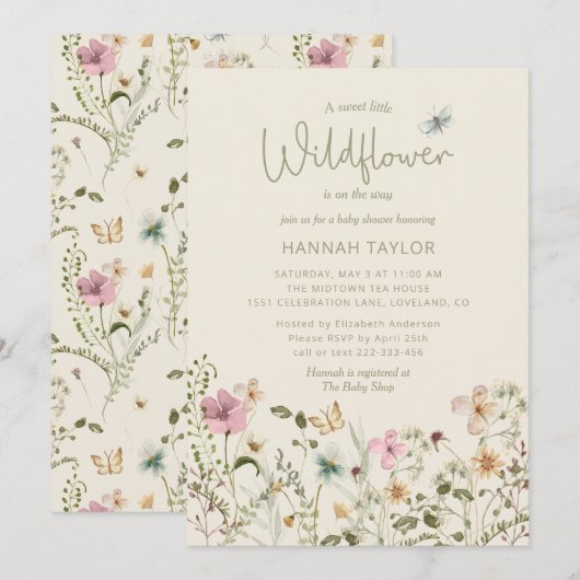 Invitation Un petit Baby shower de fille Boho Fleur sauvage (Devant / Derrière)