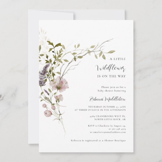 Invitation Un petit Baby shower de fille Fleur sauvage (Devant)