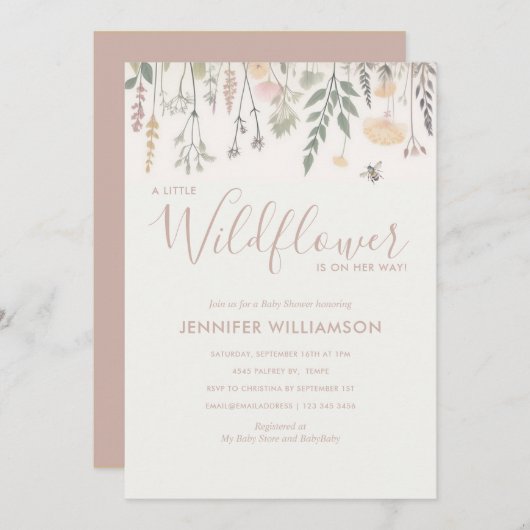 Invitation Un petit Baby shower de fille Fleur sauvage (Devant / Derrière)