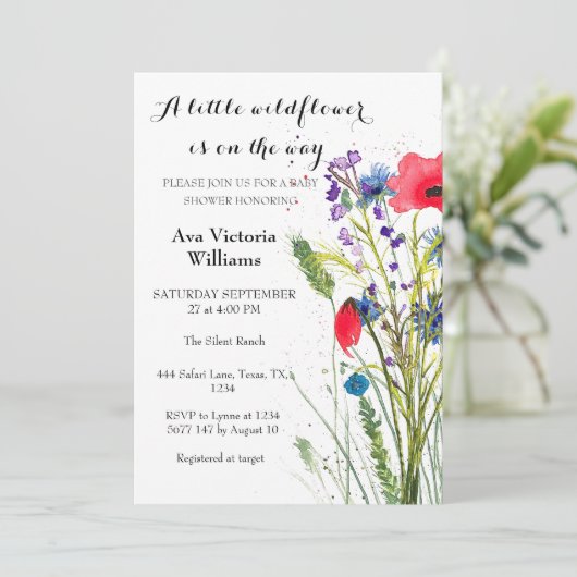 Invitation Un petit Baby shower de fille Fleur sauvage (Debout devant)