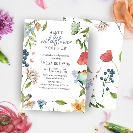 Invitation Un petit Baby shower de fille Fleur sauvage blanc