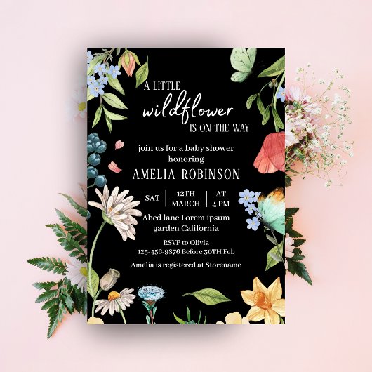 Invitation Un petit Baby shower de fille Fleur sauvage Noir