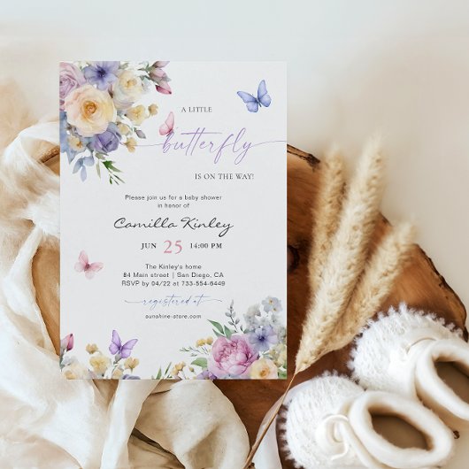 Invitation Un petit Baby shower de fleurs de papillon Pastel