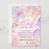 Invitation Un petit baby shower de jardin fleuri rose papillo (Devant)