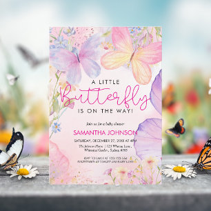 Invitation Un petit baby shower de jardin fleuri rose papillo
