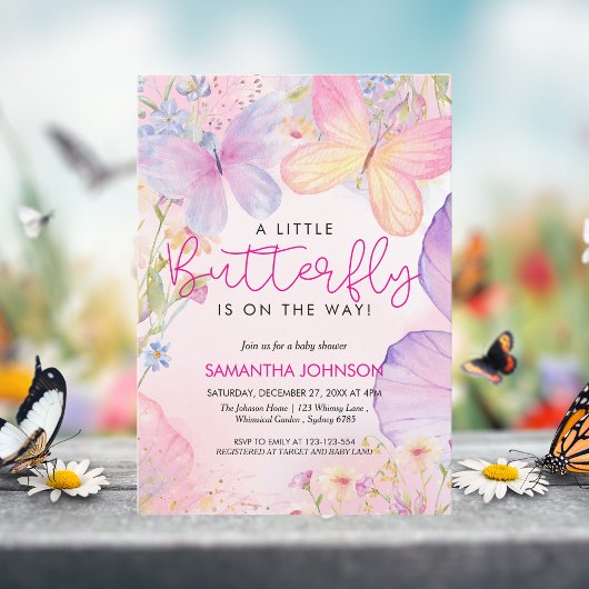 Invitation Un petit baby shower de jardin fleuri rose papillo