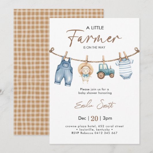 Invitation Un petit Baby shower de linge de bébé fermier (Devant / Derrière)