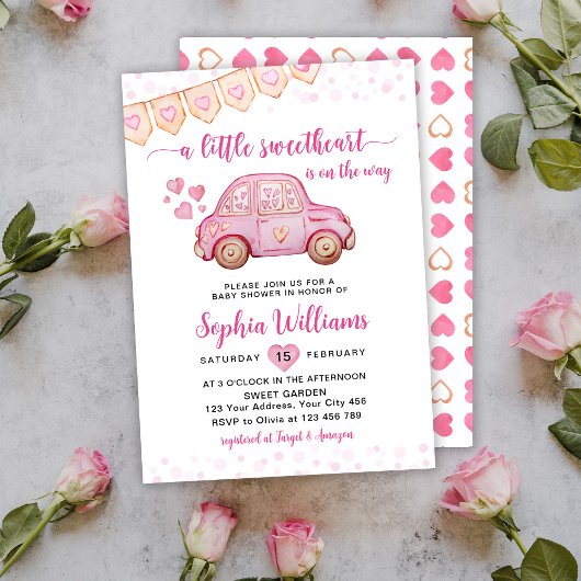 Invitation Un petit Baby shower de voiture rose Valentine